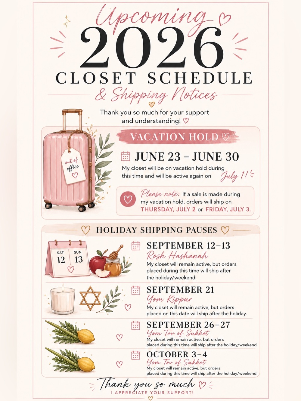 Upcoming 2026 Closet Schedule & Shipping Notices